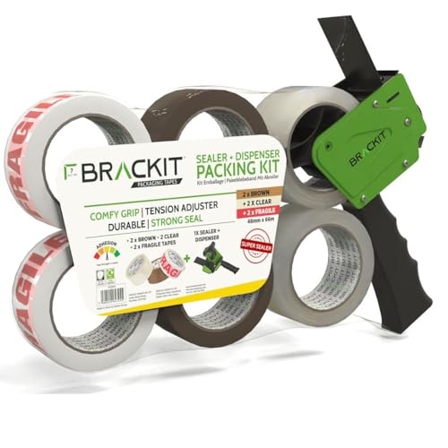 brackit Packing Tape Set Brown and Fragile and Clear with Dispenser, 48mm x 66m, Pack of 6 Rolls – Strong Seal Tape for Regular Packing Use or Moving