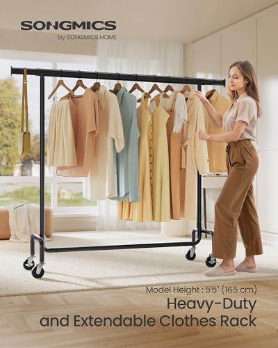 SONGMICS Clothes Rack with Wheels, Heavy-Duty Garment Rack with Extendable Hanging Rod, 286.6 lb Load Capacity, 17.7 x (43.3-59.1) x 64.1 Inches, Chrome-Plated, Matte Black UHSR011B01