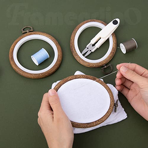 Image of Framendino, 6 Pack Round Oval Embroidery Hoops 4 Inch Imitated Wood Display Frame Circle Cross Stitch Hoop Ring for Art Craft Sewing Hanging Ornaments