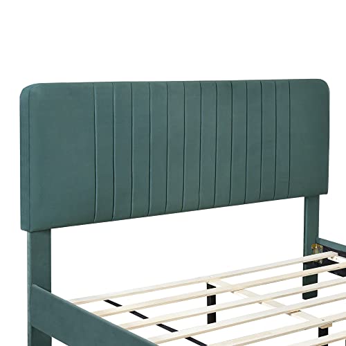 Velvet Fabric Full Size Upholstered Platform Bed With Tufted Headboard, Upholstered Mattress Foundation, Wooden Slat Support, No Box Spring Needed, Full Bed Frames For Bedroom/Guestroom (Green, Full) #TOP4