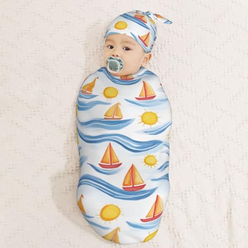 Image of Sunshine and Sail Boats Newborn Swaddle Blankets Hat Sets Soft Baby Receiving Blanket Swaddle Sack for Baby Shower Infant Boy Girl Gift