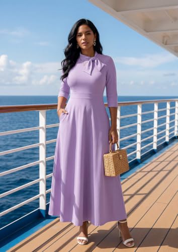 Image of FANDEE Maxi Long Dress Women, Church A Line Bow Tie Neck Casual Dresses | 3 /4 sleeve with pockets, tea party elegant wedding guest semi formal bridesmaid dress, m-3xl, machine wash