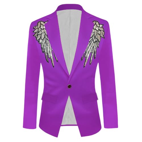 AwwwCos Mens Sequin Wing Patch Blazer Slim Fit Suit Jacket Tuxedo One Button Shawl Collar Coat for Wedding Party Prom