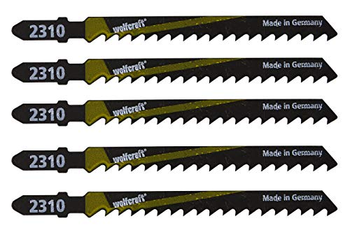 Wolfcraft 2360000 2360000-5 Hojas de Sierra de calar vástago en T/HCS Dura, contrachapeada, Vigas de Madera/Corte rápido y Muy Basto/en Caja de depósito, plata, Set de 5 Piezas