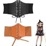 2 Piezas Cinturón de Corsé para Mujer, Elástico y Ajustable con Cordones, Cintura Ancha de Cuero Sintético para Vestidos, Ropa Diaria, Disfraces de Halloween (Negro/Marrón)