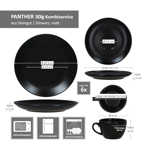 MamboCat Panther 30tlg Kombiservice I matt schwarzes Steingut-Geschirrset für 6 Personen I Je 6X Kaffeetassen 160ml, Untertassen, Kuchenteller, Suppenteller 420ml & Speiseteller