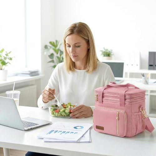 Image of MIYCOO Lunch Bag & Lunch Box for Women Men Double Deck - Leakproof Insulated Soft Large Adult Lunch Cooler Bag for Work, Beach, Picnic, Camping, Travel (Pink,15L)