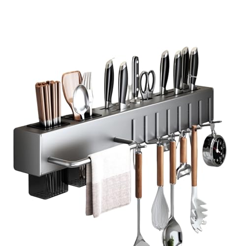 GLJTUO Stainless Steel Knife Holder Rack with Chopsticks Holder - Wall Mounted Kitchen Storage Stand, 10 Hooks, 60cm Countertop for Cookware & Utens (50cm 8 hooks),50cm 8 hooks
