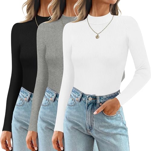 Ekouaer 3 Pack Mock Turtlenecks Tops for Women Long Sleeve Ribbed Shirts Thermal Slim Fit Lightweight Undershirts Grey/White/Black L
