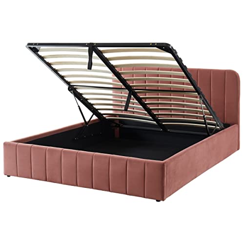 HOMIFAB Lit Coffre 160x200cm en Velours Rose Blush avec tête de lit + sommier à Lattes - Collection Ava Cover