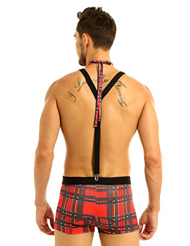 YEAHDOR Men's Sexy Plaid Schoolboy Lingerie Set Boxer Shorts with Y Back Suspender Bowtie - Image 5