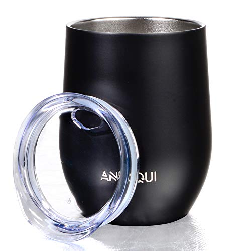 Taza de café ecológica reutilizable (doble pared de acero inoxidable, 350 ml, sin BPA, taza de café de viaje con tapa), doble pared aislada al vacío taza térmica por AniSqui (negro)