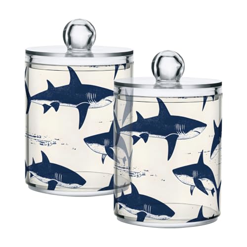 YMGQYJ 2 Pack Pattern Sharks Qtip Cotton Ball Holders Dispenser with Lid, Plastic Jars Bathroom Canisters Storage Organizer