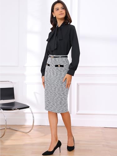 Allegra K Pencil Skirt for Women Midi Length High Waisted Tweed Skirt Button Decor Bodycon Office Work Skirts with Belt4