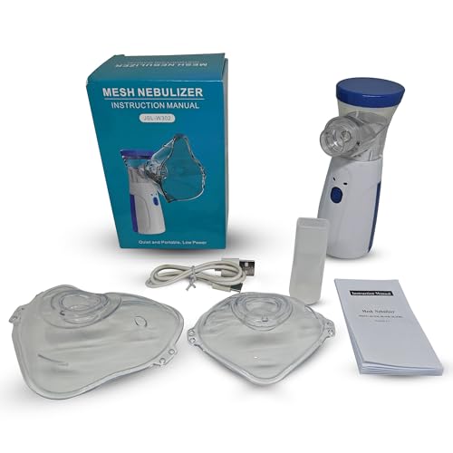 Image of Sahyog Wellness Handheld Portable Silent Mesh Nebulizer with Adult and Child Mask, USB Charging Cable for House & Travel Purpose (White & Blue)