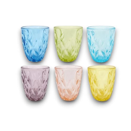 KORAT Set di 6 Bicchieri Colorati in Vetro Modello Diamante 250 ml Bicchieri Acqua, Succhi e Cocktails Design Elegante e Resistente, Effetto Cristallo, Multicolore 10x8x8 cm, Lavabili in Lavastoviglie