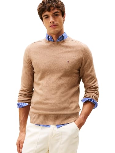 Image of Tommy Hilfiger Mens Lambswool Crewneck Sweater,Safari Canvas Heather XX-Large