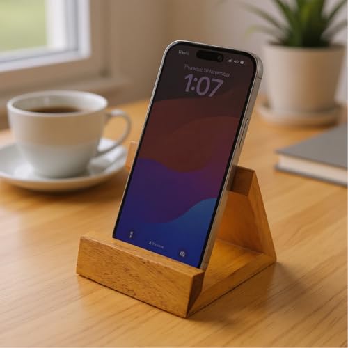 Image of Amazon Brand - Solimo Wooden Table Mount Mobile Stand | Multi-Angle Phone & Tablet Holder for Desk, Bedside, Office | Solid Wood Mobile & Tablet Stand for Home, Office, Online Classes (Natural Finish)