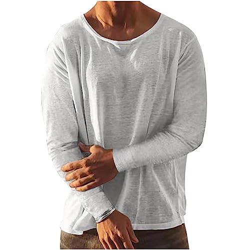Henley Shirts Leinenhemd Herren Hemd Langarm Baumwolle Leinen Rundhals Hemden Mit Tasche Regular Fit Einfarbig Täglich Freizeithemden Sommer Modisch Atmungsaktiv Casual Sommerhemd Strandhemd