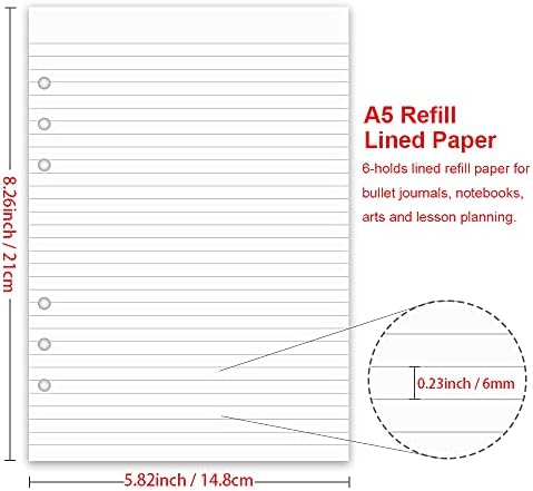 A5 Lined Paper Refill, 100 Sheets/200 Pages Refill Paper for Large Leather Journal/Filofax Binders, 6 Holes Punched, 100gsm Ruled White Filler Paper, 14.8 x 21cm