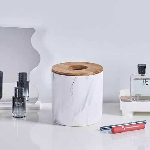 Caneca de basura mini blanca mármol con tapa de bambú miniatura 5
