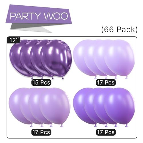 Image of PartyWoo Purple Balloons 66pcs 12 Inch Light Pastel Metallic Purple Lilac Lavender Balloons for Graduation Baby Shower Birthday Bridal Shower Wedding Anniversary Butterfly Princess Party Decorations