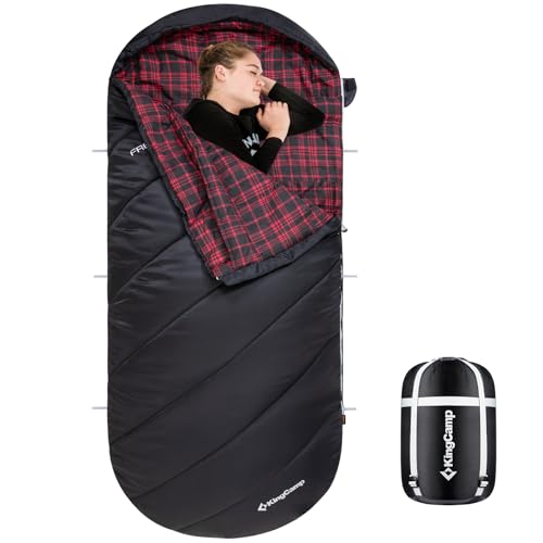 KingCamp Camping Sleeping Bag- XL with Hood, Extra Tall Big Wide Cotton Flannel Lined Portable Packable Sleeping Bags for Cold Warm Weather Backpacking, Hiking, Travel, Outdoors, Black-Large