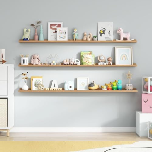 Image of Genuine Decor 72 Inch Natural Wood Floating Wall Shelf, Extra Long Storage Shelf