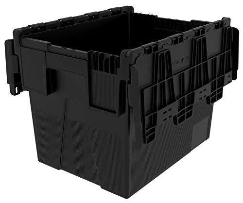 Loadhog Heavy Duty 100% Recycled Plastic 56 Litre Attached Lidded Container Storage Box Totes (L 400 x W 300 x H 305 mm) Black - Pack of 1