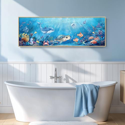 Large Framed Nursery Canvas Wall Art, Ocean Themed Nautical Prints Coastal Paintings Decor for Walls, Turtle Whale Coral Tropical Fish Pictures for Kids Boys Baby Girls Room Bathroom Wall Decor - Image 4