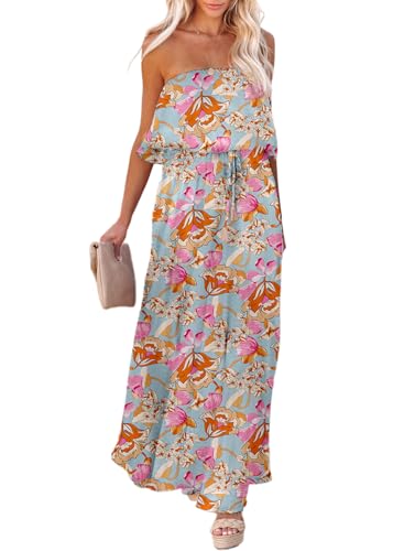Image of Dokotoo Womens Strapless Dresses Casual Side Split Flowy Boho Maxi Dress | High Waist,Off The Shoulder,Wedding Guest,Bohemian,Beach Vacation Clothes,Floral Print,Sundresses,Casual