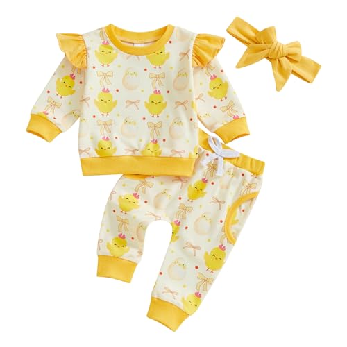 Toddler Baby Girl Easter Outfit Chicks Bow Print Ruffle Sweatshirt Long Pants Headband Set 0 6 12 18 24M 2 3T