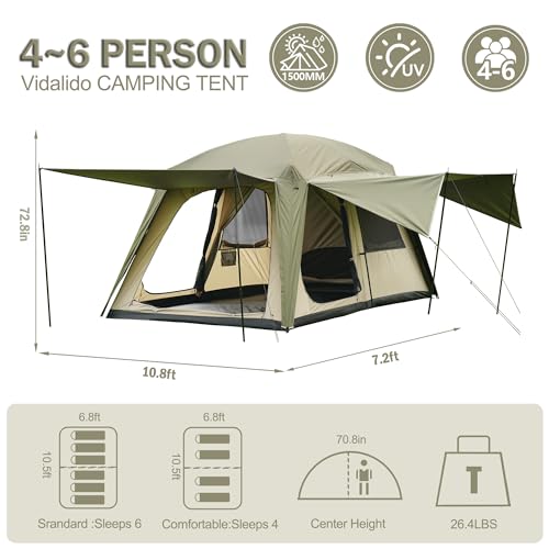 Image of Vidalido 4-6 Person Camping Tent with 3 Door 2 Room Large Family Cabin Tents, Double Layer Waterproof Portable Glamping Tent, Big Tents for Outdoor Camping Hiking and Backpacking