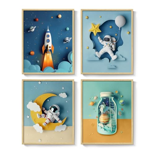 Image of Framed Space Astronaut Cool Wall Art for Nursery Decor, 4 Piece Modern Space Themed Canvas Prints Artwork for Walls, Rocket Pictures for Bedroom, Kids Room, Baby Room, Boys Room, Bathroom Wall Decor