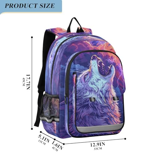 Primary Middle School Backpack Kids Book Bags for Boys Girls Sturdy Waterproof Daypack Fire Dragon Abstract A Howling Wolf with Lightning2