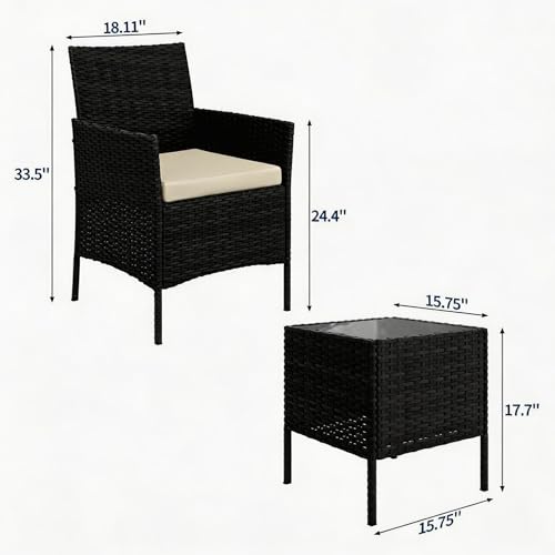Image of GAOMON 3-Piece Patio Bistro Conversation Set, PE Rattan Wicker Outdoor Furniture - 2 Cushioned Chairs & Tempered Glass Coffee Table - All-Weather for Balcony /Porch /Yard - Black /Grey /Brown & Beige