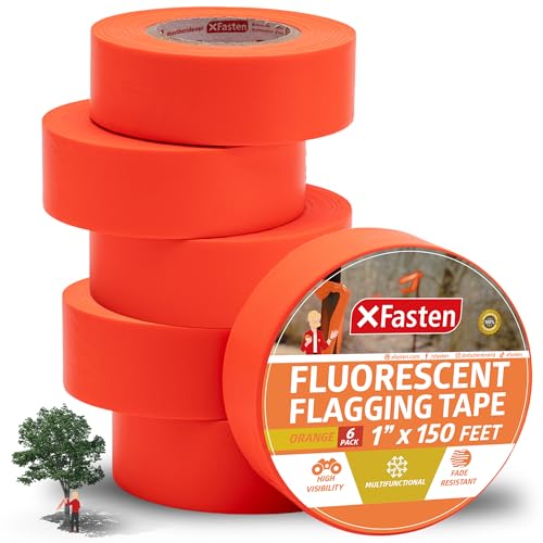 XFasten Orange Flagging Tape 6-Pack, 1-Inch x 900 Feet Total Orange Marking Tape Ribbon, High Visibility Non-Fading Trail Marking Ribbon for Surveying, Trees, Construction Safety Caution - 150ft/roll