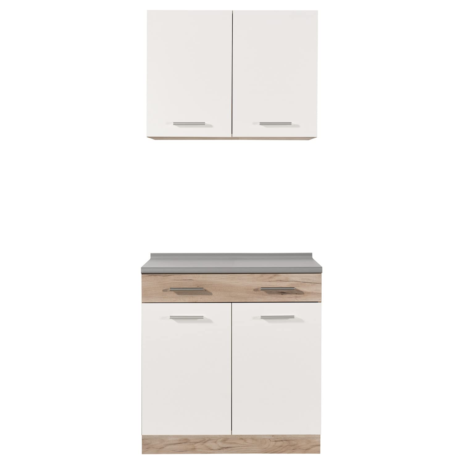 Homestyle4u Singleküche 80 cm Weiß Eiche - Küchenzeile ohne Geräte | Unterschrank mit Arbeitsplatte & Hängeschrank, Weiß/Sonoma Eiche, modular erweiterbar