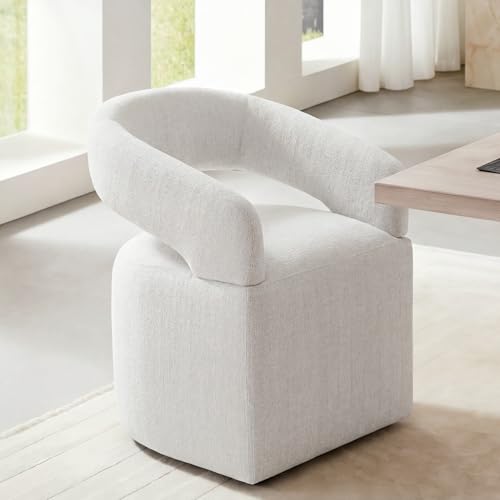 Image of KISLOT Upholstered Dining Chairs Set of 1, Modern Arm Kitchen & Dining Room Chairs with Hidden Casters, Linen Fabric Padded Rolling Chairs, Sturdy Wood Frame, 300 lbs Capacity, Light Linen
