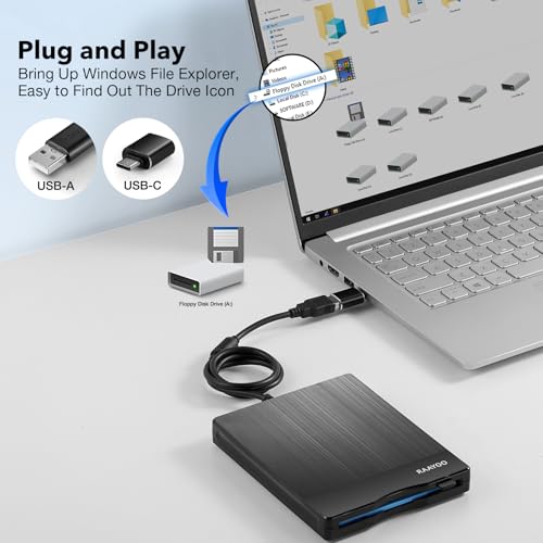Floppy Disk Reader USB Floppy Drive 3.5 inch External 3 1/2 Floppy disc Reader Portable Floppy Drive to USB Adapter/Converter for PC Laptop Notebook Computer with Windows 11/10(Brushed Striation)