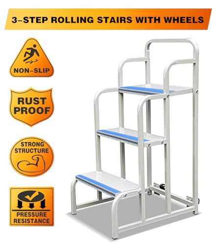 Image of 3 Step Stairs with Wheels, Industrial & Warehouse 3-Step Rolling Stairs, Non-Slip Rolling Steps with Stair Edge Protector, Easy to Move Rolling Steps with Wheels(19.7W x29.5H, 600LBs Loading).