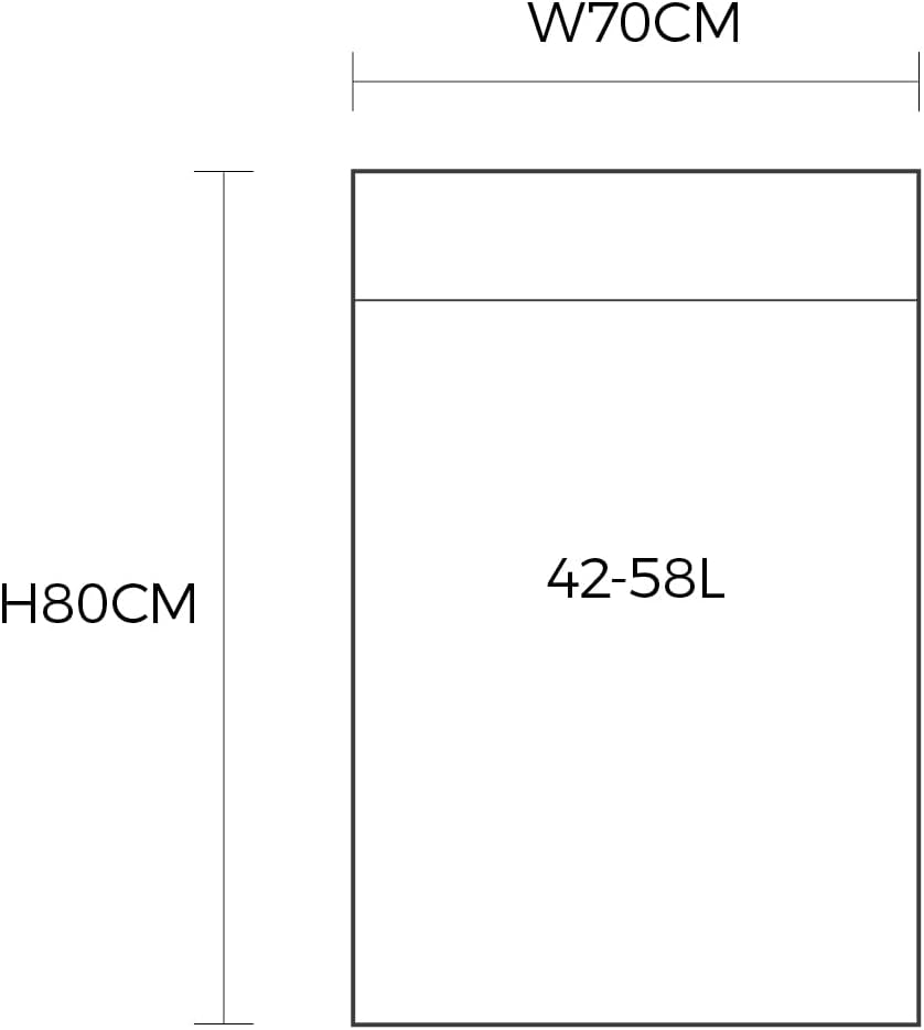 Diagram showing the approximate dimensions of the bin liner: 70cm width and 80cm height, with a capacity of 42-58L.