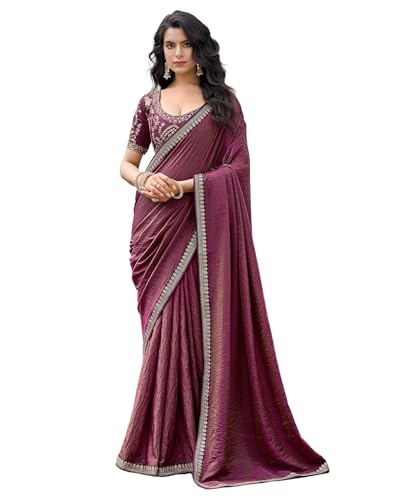 Image of SIRIL Women's Shimmer Silk Sequence Embroidery Lace two Tone Saree With Embroidery Unstitched Blouse Piece