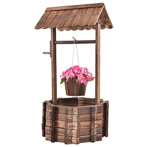 SOARS Wunschbrunnen mit Dach für außen, Holzbrunnen mit höhenverstellbarem Holzeimer, Gartenbrunnen aus Tannenholz, Dekobrunnen für Hof & Rasen, 56 x 56 x 114cm