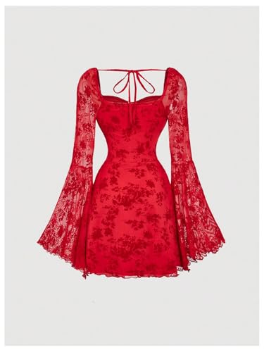 Image of WDIRARA Women's Floral Jacquard Gothic Bell Long Sleeve Dress | Mesh , A Line, Vintage