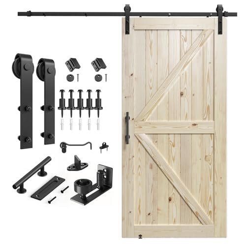 SMARTSTANDARD 42in x 84in Sliding Barn Door with 7ft Barn Door Hardware Kit Included Unfinished Solid Spruce Wood Door Assembly Required DIY Stainable Natural