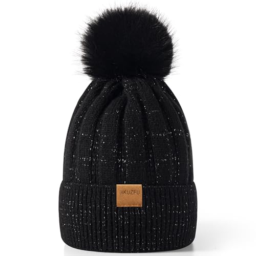 Jikuzfu Womens Winter Beanie Hat with Faux Fur Pom...
