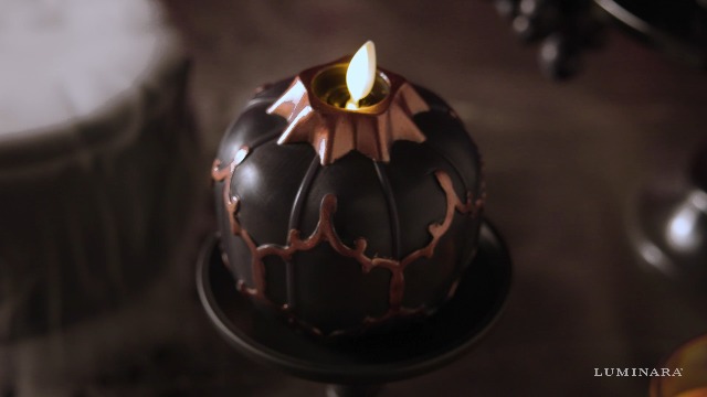 Image of Luminara Black Embossed Fretwork Pumpkin Candle, 3.8 inch x 4.3 inch Flickering Flameless LED Light, AA Batteries (Sold Separately) w /Timer, Real Wax Indoor Fall Halloween Decor Table Mantel Decoration