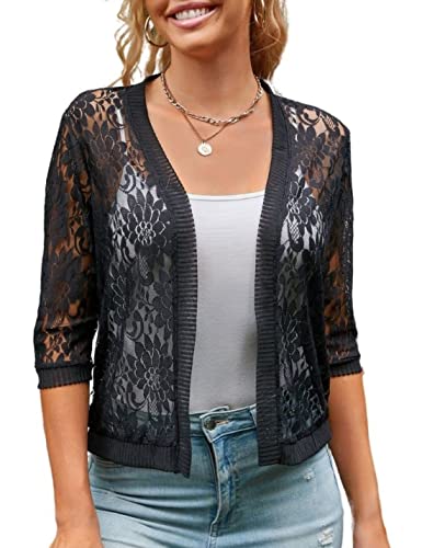 Image of Xunger Women's 3 /4 Sleeve Lace Cardigan Casual Open Front Floral Lace Shrug Summer Cover Up
