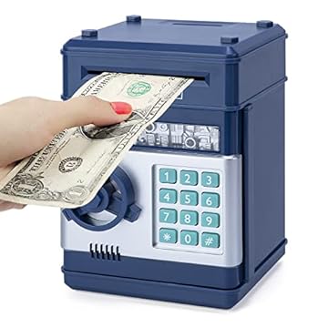 Highttoy Salvadanaio Bambini, Cassaforte Salvadanaio Elettronico con Combinazione Regalo Bimbo 3-12 Anni Maschio Money Vault Bancomat Salvadanaio per Bambini Blu Scuro